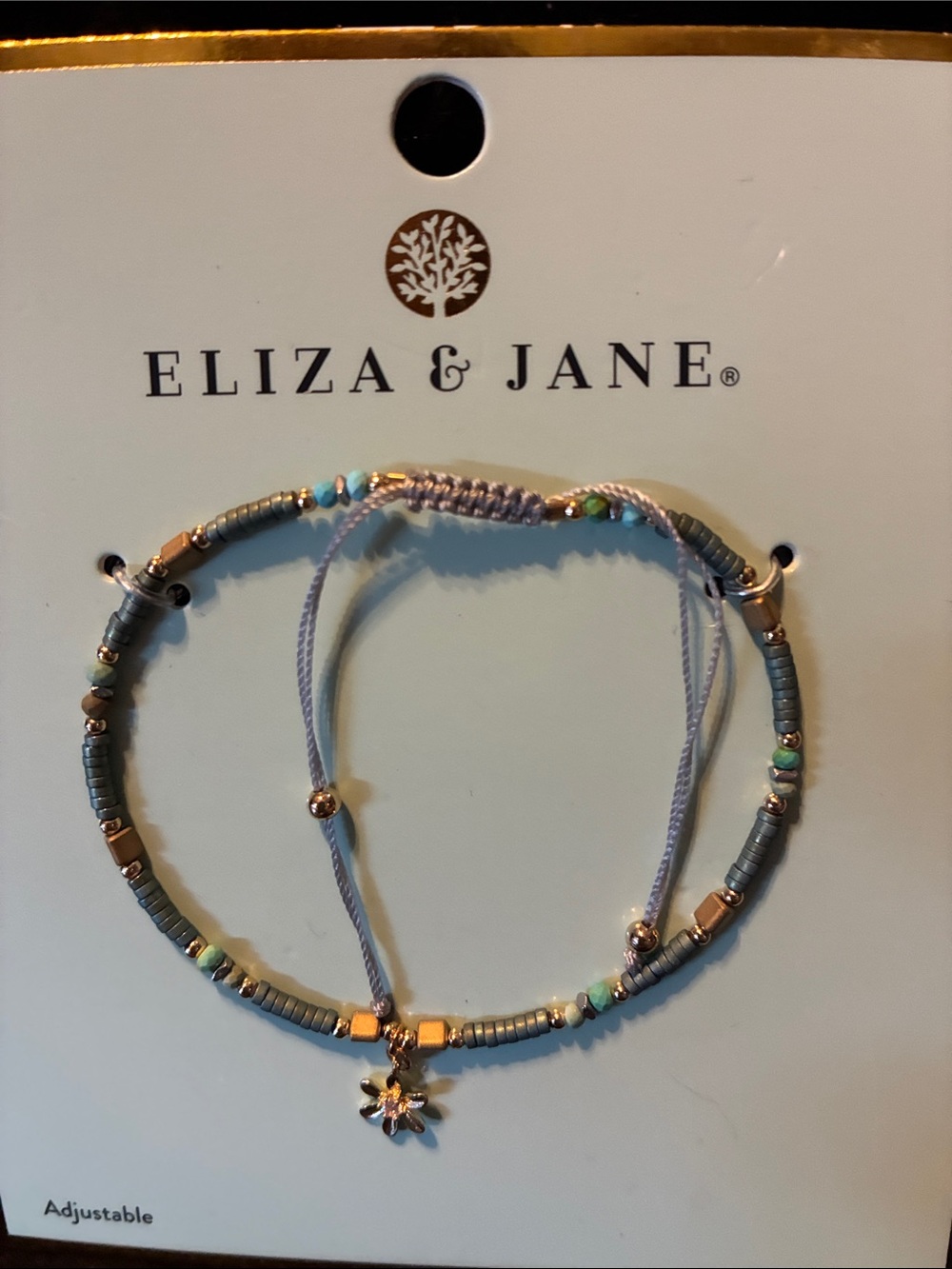 Purple Beaded Adjustable Bracelet with Gold Daisy Charm